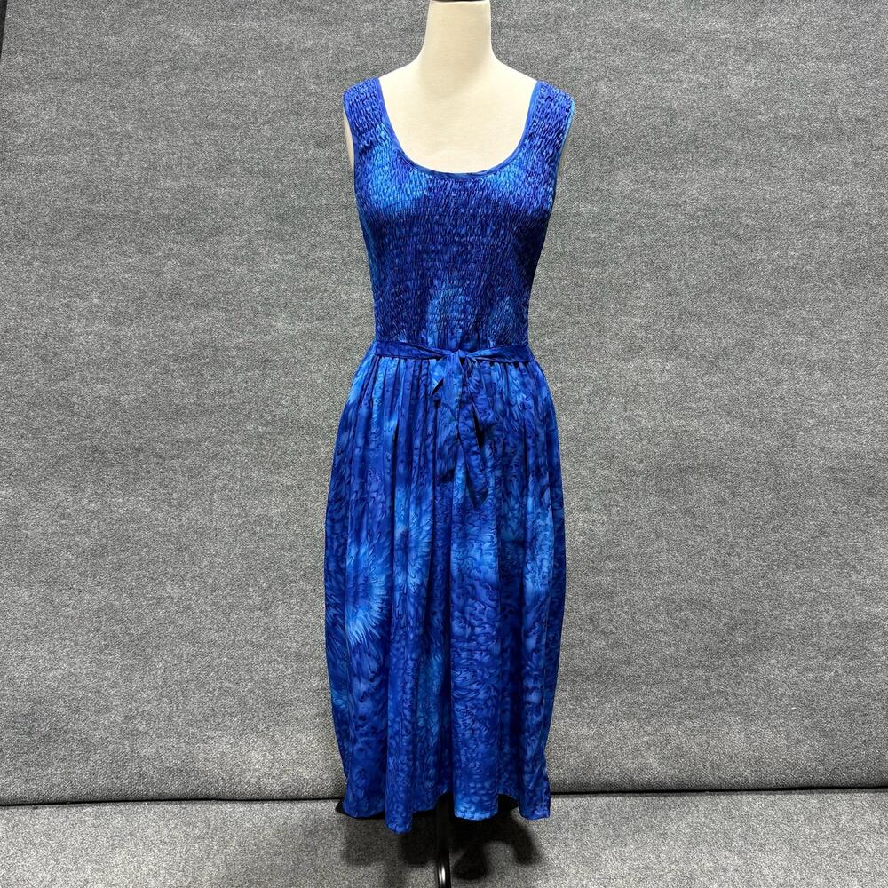 Rima Dress Womens One Size Blue Tie Dye Smocked Scoop Neck Beach Sundress Midi
